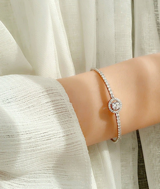 1 Carat Moissanite Halo Center Bangle Bracelet with Side Moissanites in Platinum Overlay Silver