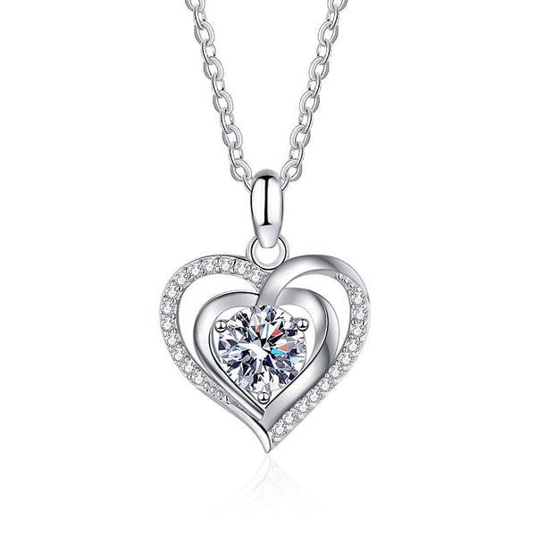 1 Carat Radiant Cut Moissanite in Heart Shaped Pendant with Chain in Platinum Overlay Sterling Silver, GRA Certified