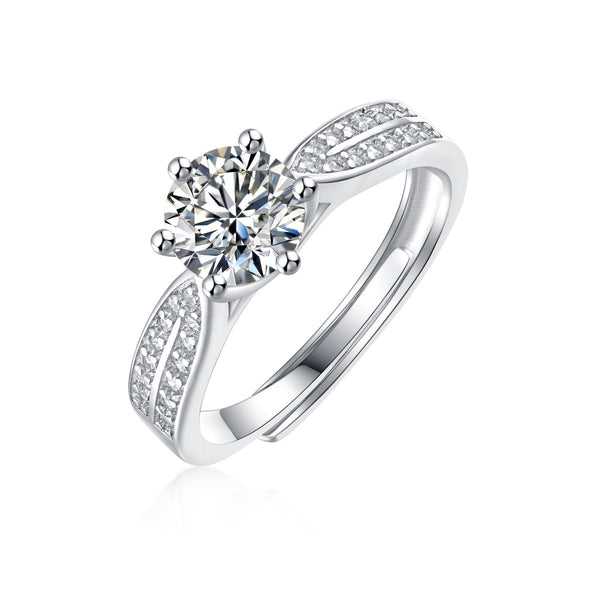 1 Carat Solitaire Moissanite Ring with Pavé Side Stones, Platinum Overlay Sterling Silver - Adjustable Size