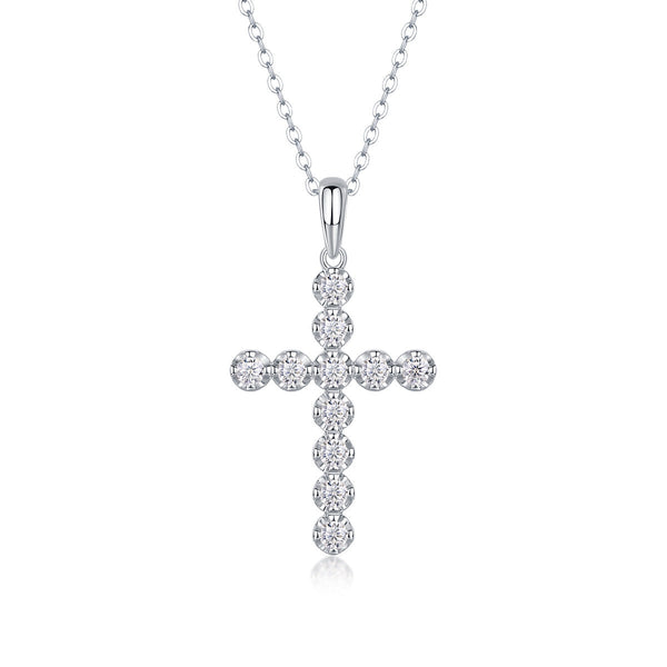 Divinity - Moissanite Cross Pendant with Chain in Platinum Overlay Sterling Silver, GRA Certified