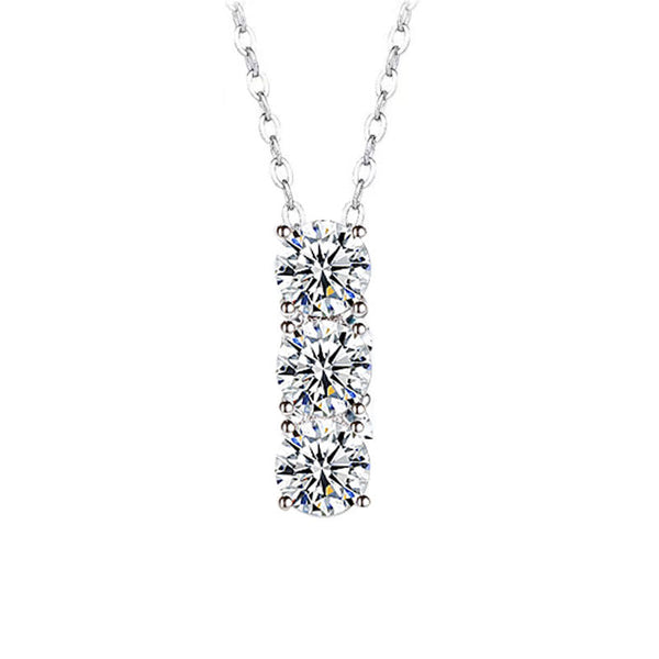 Trio of Brilliance: 3-Stone Drop Moissanite Pendant Necklace in Platinum Overlay Sterling Silver, GRA Certified