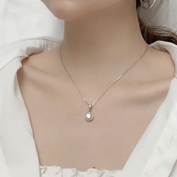 Elegant 1 Carat Round Solitaire Moissanite in Teardrop Halo Pendant with Chain in Platinum Overlay Sterling Silver, GRA Certified