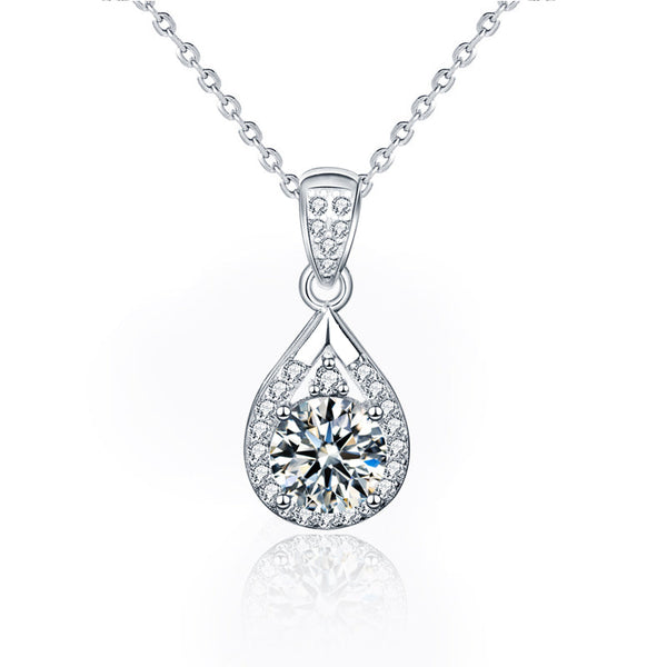 Elegant 1 Carat Round Solitaire Moissanite in Teardrop Halo Pendant with Chain in Platinum Overlay Sterling Silver, GRA Certified