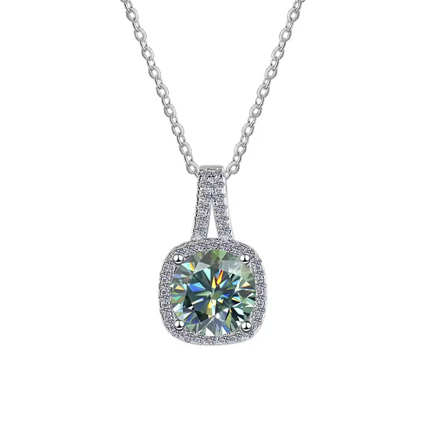 1 Carat Radiant Cut Green Moissanite Pendant In A Paved Halo Setting with Chain in Platinum Overlay Sterling Silver GRA Certified