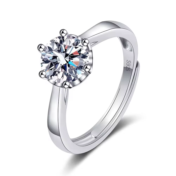 1 Carat Solitaire Moissanite Ring in Six Prongs Setting, Platinum Overlay Sterling Silver - Adjustable Size