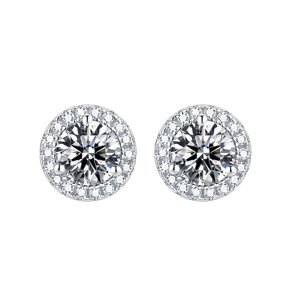 1 Carat Moissanite Stud Earrings In Halo Setting in Platinum Overlay Sterling Silver