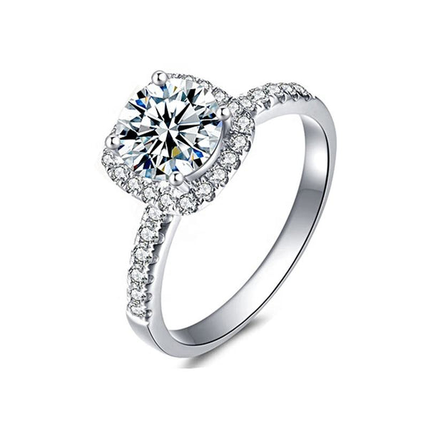 1 Carat Solitaire Moissanite Ring in Square Halo with Pavé Side Stones, Platinum Overlay Sterling Silver - Adjustable Size