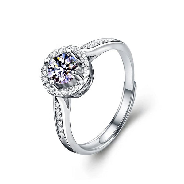 1 Carat Solitaire Moissanite Halo Ring with Pavé Side Stones, Platinum Overlay Sterling Silver - Adjustable Size