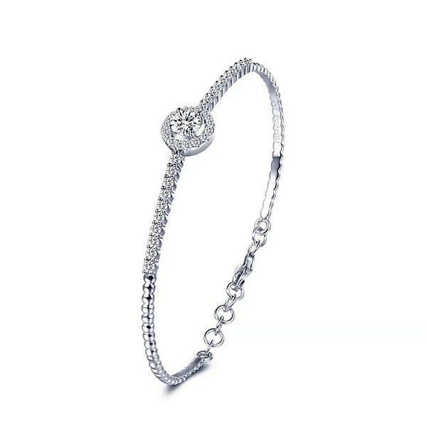 1 Carat Moissanite Halo Center Bangle Bracelet with Side Moissanites in Platinum Overlay Silver