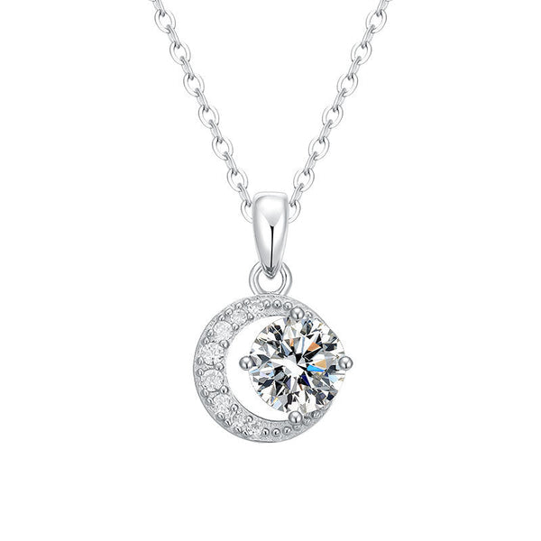 Graceful Half Moon: 1 Carat Solitaire Drop Moissanite Pendant with Chain in Platinum Overlay Sterling Silver, GRA Certified