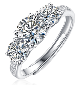 Triple Moissanite Ring with Pavé Side Stones, Platinum Overlay Sterling Silver - Adjustable Size