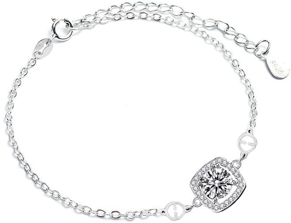 1 Carat Moissanite Halo Square Cross Chain Bracelet with Adjustable Clasp in Platinum Overlay Silver