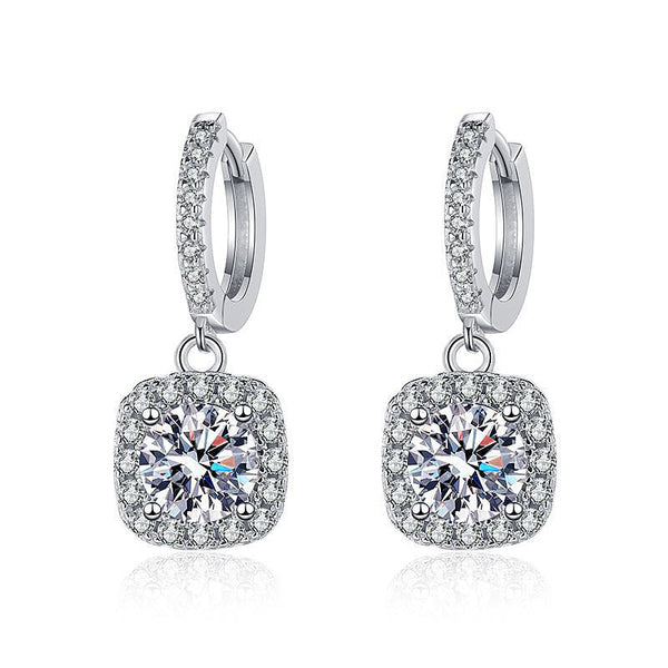 1 Carat Hoop Huggie Earrings with Square Halo Drop, in Platinum Overlay Sterling Silver