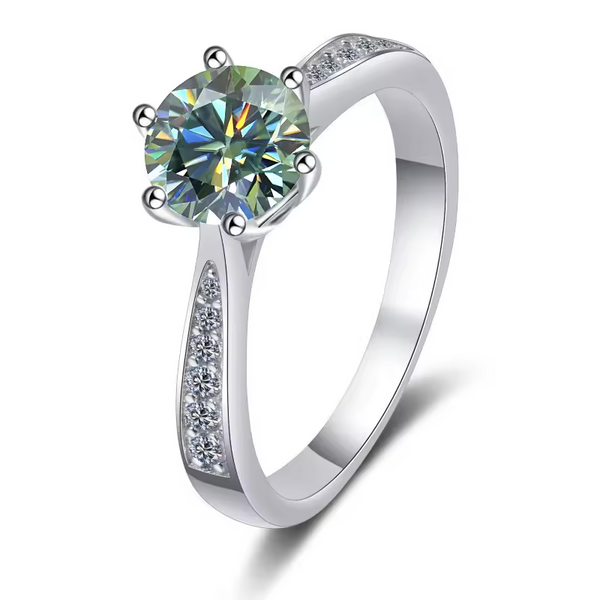 1 Carat Solitaire Green Moissanite Ring in Six Prongs Setting, Platinum Overlay Sterling Silver - Adjustable Size