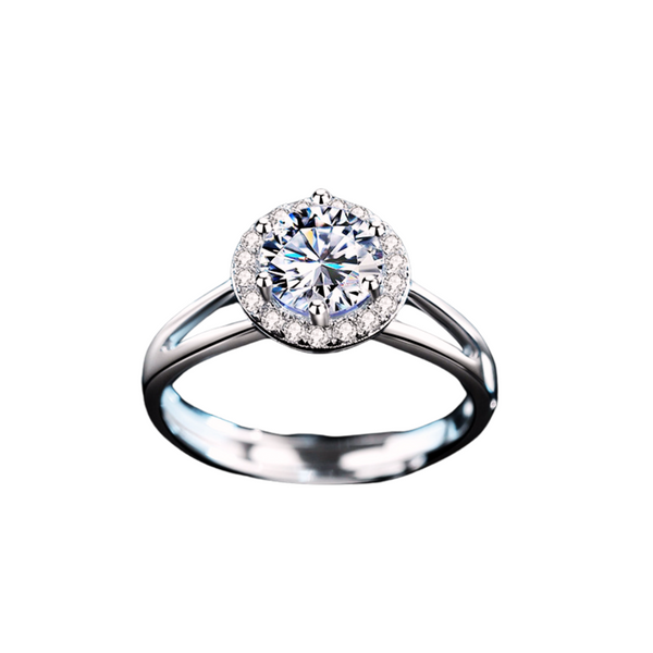 1 Carat Solitaire Moissanite Halo Ring with Split Shank Design, Platinum Overlay Sterling Silver - Adjustable Size