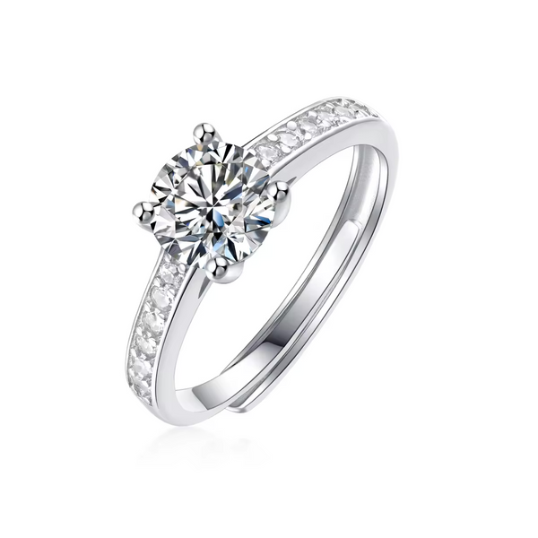 1 Carat Solitaire Moissanite Ring with Pavé Side Stones, Platinum Overlay Sterling Silver - Adjustable Size